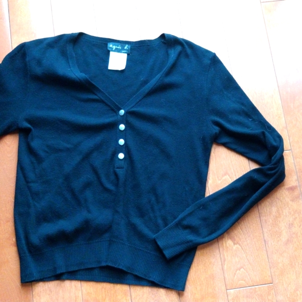 Agnes B Black V-Neck Sweater Timeless Design Made In France